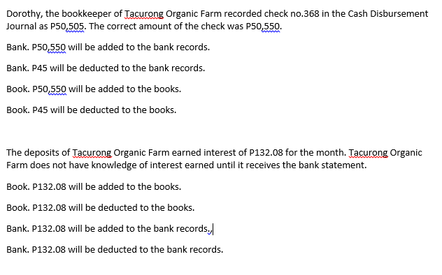 Dorothy, the bookkeeper of Tacurong Organic Farm recorded check no.368 in the Cash Disbursement
Journal as P50,505. The correct amount of the check was P50,550.
Bank. P50,550 will be added to the bank records.
Bank. P45 will be deducted to the bank records.
Book. P50,550 will be added to the books.
Book. P45 will be deducted to the books.
The deposits of Tacurong Organic Farm earned interest of P132.08 for the month. Tacurong Organic
Farm does not have knowledge of interest earned until it receives the bank statement.
Book. P132.08 will be added to the books.
Book. P132.08 will be deducted to the books.
Bank. P132.08 will be added to the bank records,
Bank. P132.08 will be deducted to the bank records.
