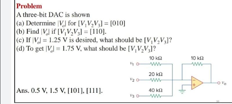 Problem
A three-bit DAC is shown
(a) Determine |V, for [V,V,V3] = [010]
(b) Find |V,] if [V,V¿V3] = [110].
(c) If |V, = 1.25 V is desired, what should be [V, V,V]?
|(d) To get |V, = 1.75 V, what should be [V,V,V3]?
10 k2
10 k2
20 k2
V2 0 ww
O Vo
Ans. 0.5 V, 1.5 V, [101], [111].
40 k2
V3 o
