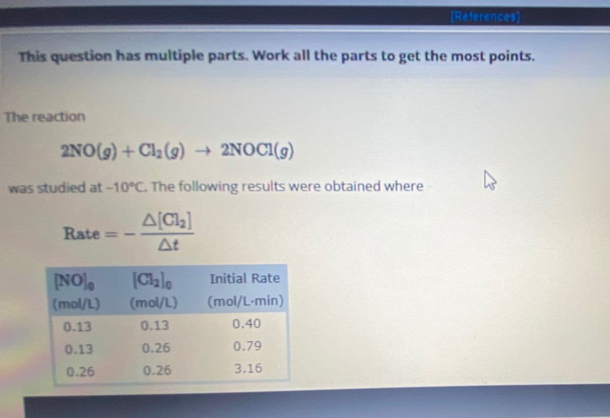 This question has multiple parts. Work all the parts to get the most points.
The reaction
2NO(g) + Cl₂(g) → 2NOCI(g)
was studied at -10°C. The following results were obtained where
A[C1₂]
At
Rate=
[NO]
(Cl₂lo
(mol/L) (mol/L)
0.13
0.13
0.13
0.26
0.26
0.26
Initial Rate
(mol/L-min)
0.40
[References]
0.79
3.16
ہے