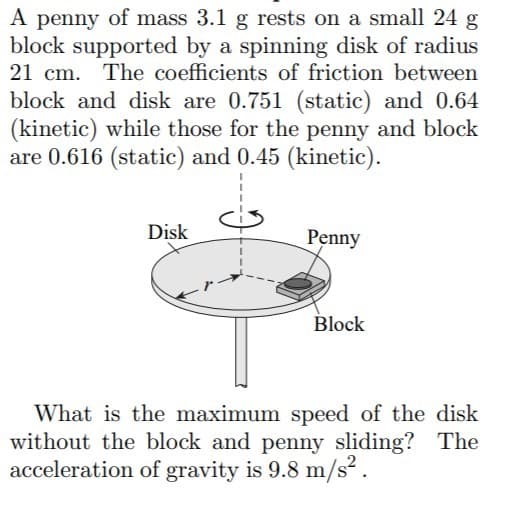 A penny of mass 3.1 g rests on a small 24 g
block supported by a spinning disk of radius
21 cm. The coefficients of friction between
block and disk are 0.751 (static) and 0.64
(kinetic) while those for the penny and block
are 0.616 (static) and 0.45 (kinetic).
Disk
Penny
Block
What is the maximum speed of the disk
without the block and penny sliding? The
acceleration of gravity is 9.8 m/s.
