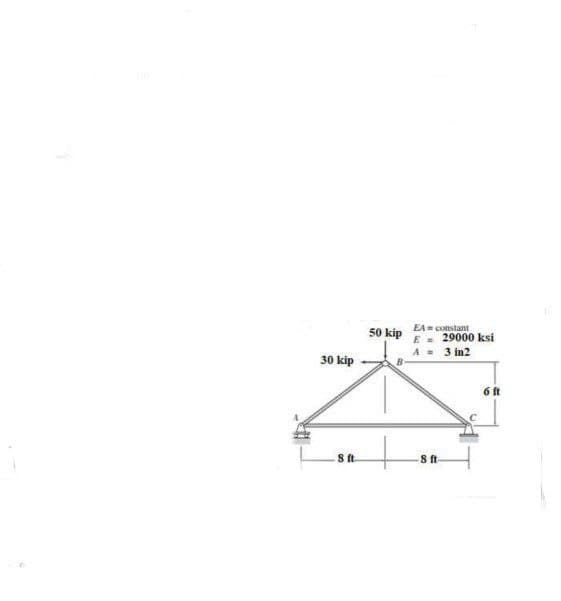 1
30 kip
8 ft
50 kip
EA= constant
E = 29000 ksi
A = 3 in2
8 ft-
6 ft