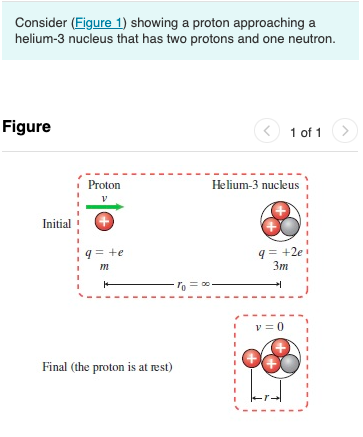 Consider (Figure 1) showing a proton approaching a
helium-3 nucleus that has two protons and one neutron.
Figure
1 of 1
Proton
Helium-3 nucleus
Initial
9= +2e
Зт
9 = +e
m
To = 0
v = 0
Final (the proton is at rest)
