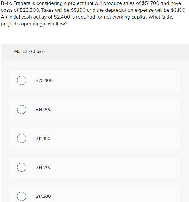 Bi-Lo Traders is considering a project that will produce sales of $51,700 and have
costs of $29,300. Taxes will be $5,100 and the depreciation expense will be $3,100.
An initial cash outlay of $2,400 is required for net working capital. What is the
project's operating cash flow?
Multiple Choice
о
о
о
O
$20,400
$14,900
$11,800
$14,200
$17,300