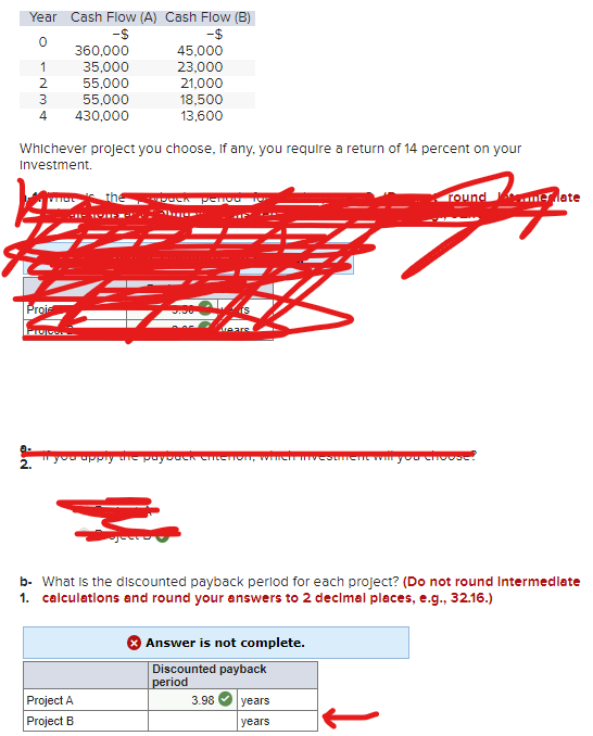 Year Cash Flow (A) Cash Flow (B)
-S
-$
0
-N3A
2
4
Whichever project you choose, if any, you require a return of 14 percent on your
Investment.
VITORL the
Proie
360,000
35,000
55,000
55,000
430,000
PTVJOG
45,000
23,000
21,000
18,500
13,600
Che womezena 2 Shapem
penou
z
Project A
Project B
If you apply the payback entenon, which investment will you choose?
round
b- What is the discounted payback perlod for each project? (Do not round Intermediate
1. calculations and round your answers to 2 decimal places, e.g., 32.16.)
Answer is not complete.
Discounted payback
period
3.98 years
years
Mate