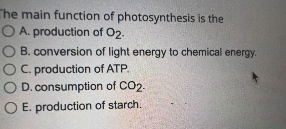 The main function of photosynthesis is the
O A. production of 02.
B. conversion of light energy to chemical energy.
O C. production of ATP.
D. consumption of CO2.
O E. production of starch.