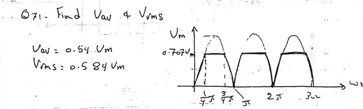 ..Q7!- Find Vay .¢ Voms
Um
Vav = 0.54.Um
Vms: 0.5 8y Um
o707Vm
2
