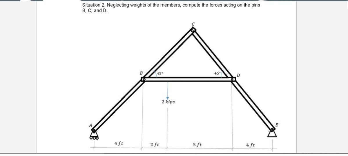 Situation 2. Neglecting weights of the members, compute the forces acting on the pins
B, C, and D.
45°
45°
D
2 kips
E
4 ft
2 ft
5 ft
4 ft
