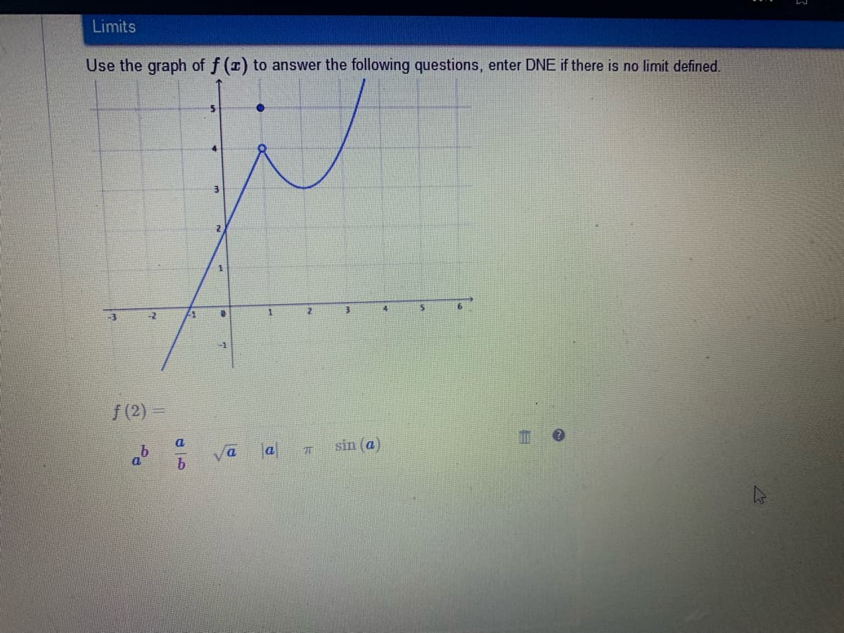 Limits
Use the graph of f () to answer the following questions, enter DNE if there is no limit defined.
-1
f (2) =
a
a
sin (a)
