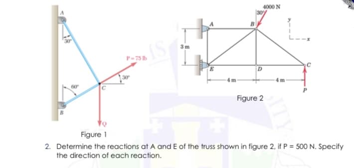 4000 N
3m
P-75 Ib
D
Figure 2
Figure 1
2. Determine the reactions at A and E of the truss shown in figure 2, if P = 500 N. Specify
the direction of each reaction.
ITY
