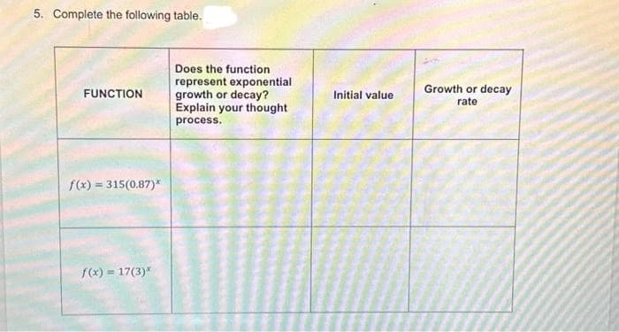 5. Complete the following table.
FUNCTION
f(x) = 315(0.87)*
f(x) = 17(3)*
Does the function
represent exponential
growth or decay?
Explain your thought
process.
Initial value
Growth or decay
rate