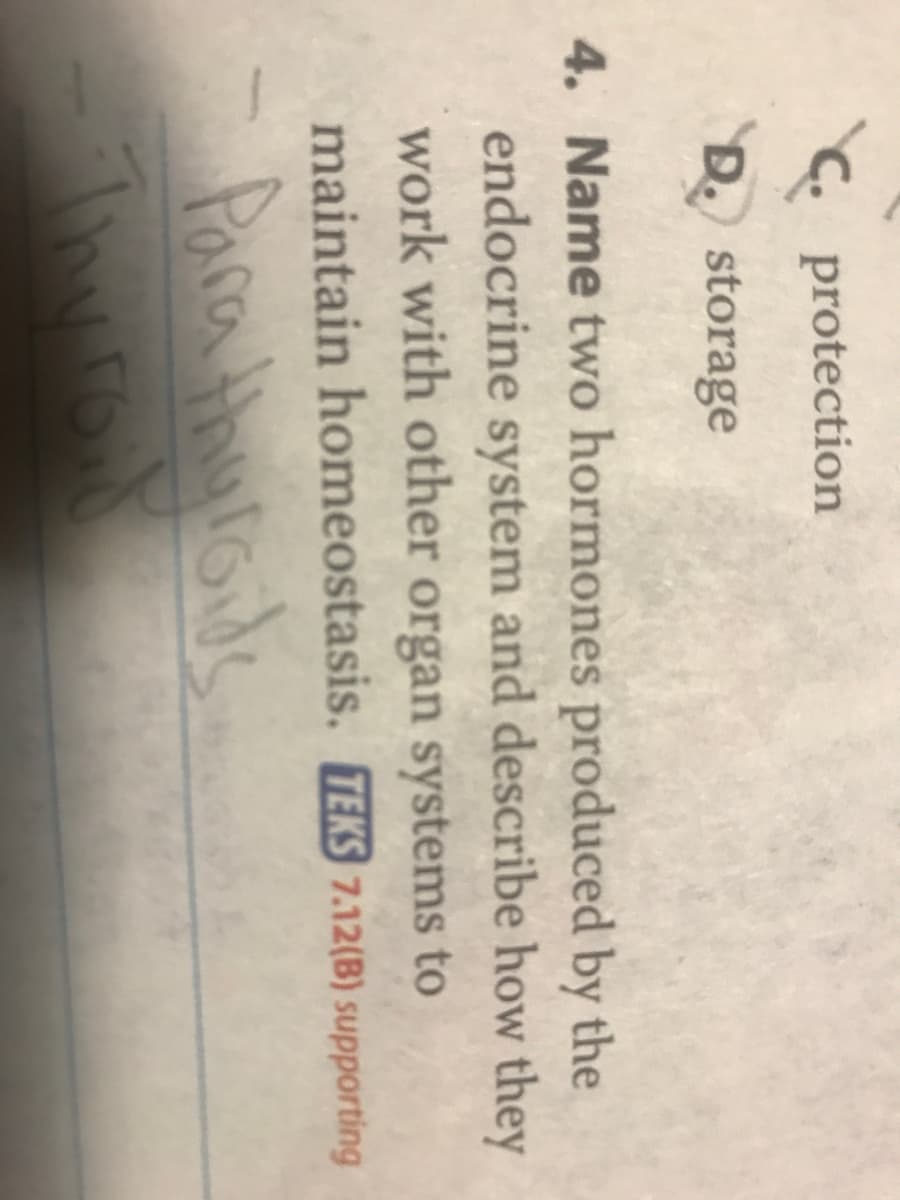 C. protection
D. storage
4. Name two hormones produced by the
endocrine system and describe how they
work with other organ systems to
maintain homeostasis. TEKS 7.12(B) supporting
Para Ahintoide
