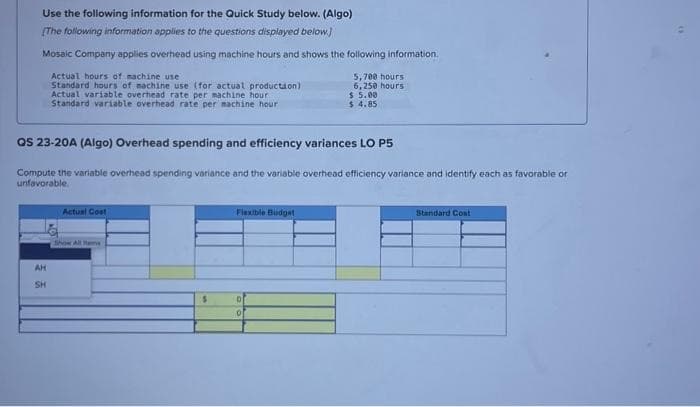 Use the following information for the Quick Study below. (Algo)
[The following information applies to the questions displayed below]
Mosaic Company applies overhead using machine hours and shows the following information.
Actual hours of machine use
Standard hours of machine use (for actual production)
5,700 hours
6,250 hours
Actual variable overhead rate per machine hour
Standard variable overhead rate per machine hour
QS 23-20A (Algo) Overhead spending and efficiency variances LO P5
Compute the variable overhead spending variance and the variable overhead efficiency variance and identify each as favorable or
unfavorable..
AH
SH
Actual Cost
Show All Ham
5
$5.00
$ 4.85
Flexible Budget
Standard Cont