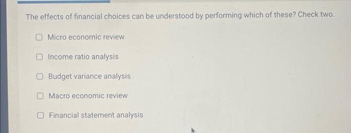 The effects of financial choices can be understood by performing which of these? Check two.
O Micro economic review
O Income ratio analysis
Budget variance analysis
Macro economic review
O Financial statement analysis
