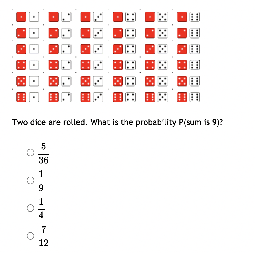 目
EE
Two dice are rolled. What is the probability P(sum is 9)?
5
36
1
9.
1
4
7
12
