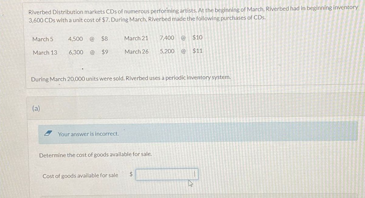 Riverbed Distribution markets CDs of numerous performing artists. At the beginning of March, Riverbed had in beginning inventory
3,600 CDs with a unit cost of $7. During March, Riverbed made the following purchases of CDs.
March 13
March 5 4,500 @ $8
6,300 @ $9
March 21
7,400 @ $10
March 26
5,200 @ $11
During March 20,000 units were sold. Riverbed uses a periodic inventory system.
(a)
Your answer is incorrect.
Determine the cost of goods available for sale.
Cost of goods available for sale
$