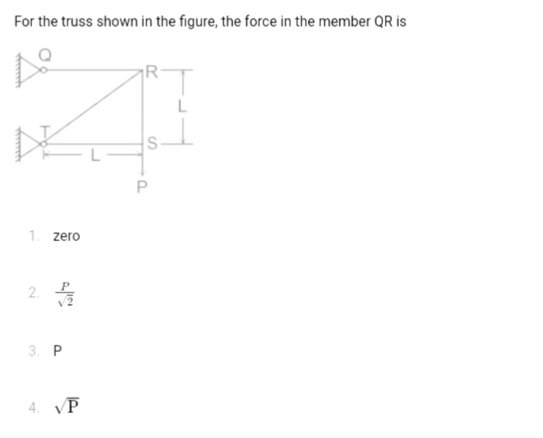 For the truss shown in the figure, the force in the member QR is
po
zero
2. 2
3. P
4. VP
S
P
L