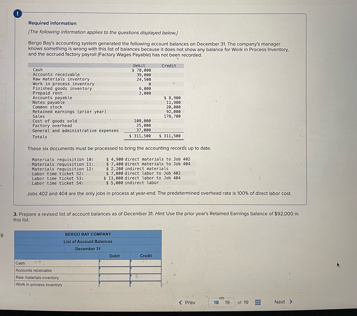 !
Required information
[The following information applies to the questions displayed below.]
Bergo Bay's accounting system generated the following account balances on December 31. The company's manager
knows something is wrong with this list of balances because it does not show any balance for Work in Process Inventory,
and the accrued factory payroll (Factory Wages Payable) has not been recorded.
Cash
Accounts receivable
Raw materials inventory
Work in process inventory.
Finished goods inventory
Prepaid rent
Accounts payable
Notes payable
Common stock
Retained earnings (prior year)
Sales
Cost of goods sold
Factory overhead
General and administrative expenses
Totals
Cash
Accounts receivable
Raw materials inventory
Work in process inventory
Debit
$ 70,000
39,000
24,500
BERGO BAY COMPANY
List of Account Balances
December 31
0
6,000
2,000
Debit
These six documents must be processed to bring the accounting records up to date.
Materials requisition 10:
Materials requisition 11:
Materials requisition 12:
Labor time ticket 52:
$ 4,900 direct materials to Job 402
$ 7,400 direct materials to Job 404
$ 2,200 indirect materials
$7,000 direct labor to Job 402
Labor time ticket 53:
$ 13,000 direct labor to Job 404
$5,000 indirect labor
Labor time ticket 54:
Jobs 402 and 404 are the only jobs in process at year-end. The predetermined overhead rate is 100% of direct labor cost.
Credit
3. Prepare a revised list of account balances as of December 31. Hint: Use the prior year's Retained Earnings balance of $92,000 in
this list.
$ 8,900
11,900
20,000
92,000
178,700
108,000
25,000
37,000
$ 311,500 $ 311,500
Credit
< Prev
18 19
of 19
Next >