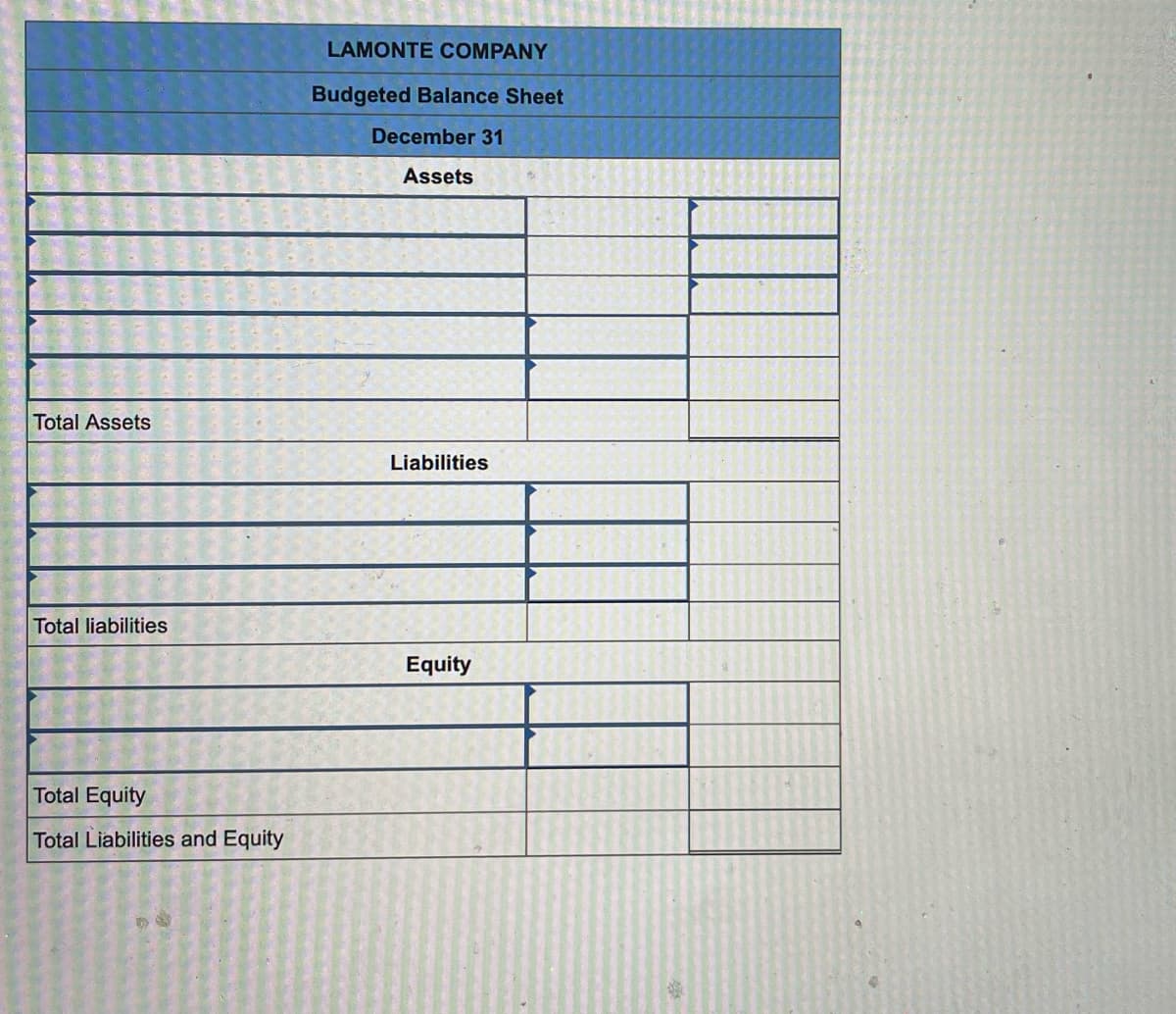 Total Assets
Total liabilities
Total Equity
Total Liabilities and Equity
LAMONTE COMPANY
Budgeted Balance Sheet
December 31
Assets
Liabilities
Equity