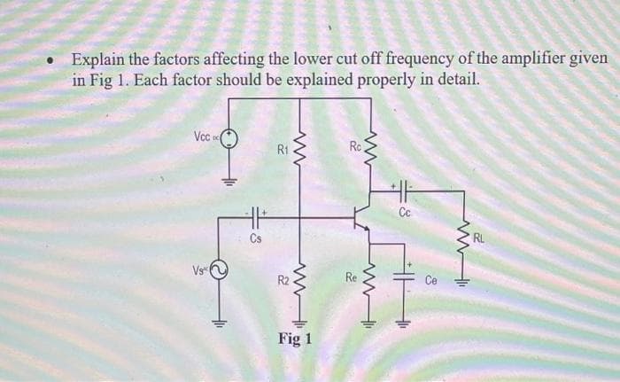 Explain the factors affecting the lower cut off frequency of the amplifier given
in Fig 1. Each factor should be explained properly in detail.
Vcc «
R1
Ro
Cc
Cs
RL
Vs*
R2
Re
Ce
Fig 1
