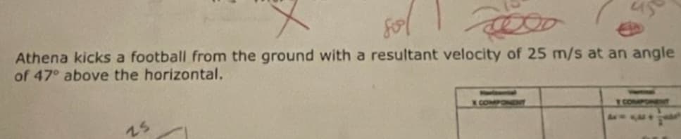 Athena kicks a football from the ground with a resultant velocity of 25 m/s at an angle
of 47° above the horizontal.
COMPONENT
25
TCOMPONENT
As-AUS
