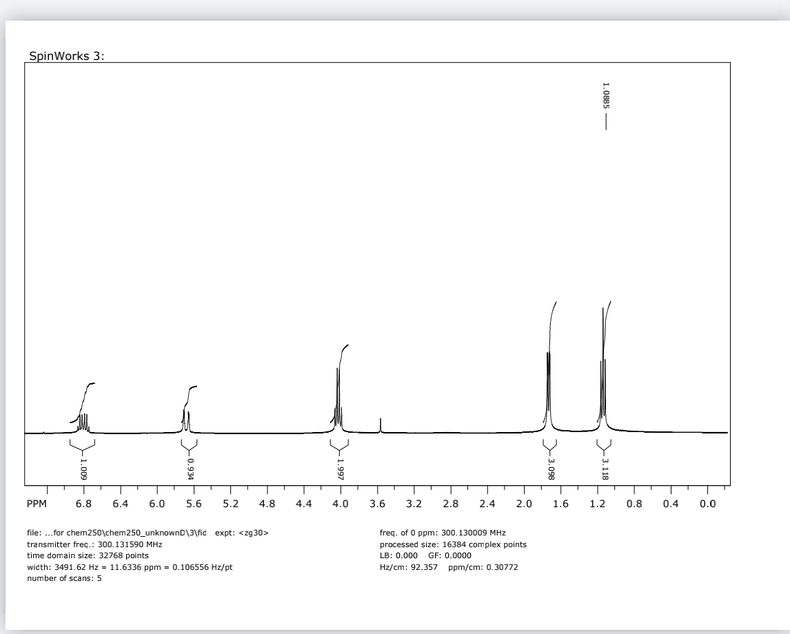 SpinWorks 3:
PPM
6.8
6.4
6.0
5.6
5.2
4.8
4.4
4.0
3.6
3.2
2.8
2.4
2.0
1.6
1.2
0.8
0.4
0.0
file: .for chem250\chem250_unknownD\3\fid expt: <zg30>
freq. of 0 ppm: 300.130009 MHz
transmitter freq.: 300.131590 MHz
time domain size: 32768 points
width: 3491.62 Hz = 11.6336 ppm = 0.106556 Hz/pt
processed size: 16384 complex points
LB: 0.000 GF: 0.0000
Hz/cm: 92.357 ppm/cm: 0.30772
number of scans: 5
1.0885 –
>3.098
S>0.934
