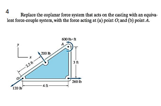 4
Replace the coplanar force system that acts on the casting with an equiva-
lent force-couple system, with the force acting at (a) point O; and (b) point A.
600 lb ft
A
200 lb
3 ft
- 2.5 ft
260 lb
120 1b'
4 ft-
