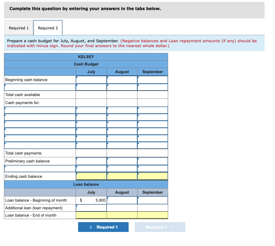 Complete this question by entering your answers in the tabs below.
Required 1 Required 2
Prepare a cash budget for July, August, and September. (Negative balances and Loan repayment amounts (if any) should be
indicated with minus sign. Round your final answers to the nearest whole dollar.)
Beginning cash balance
Total cash available
Cash payments for:
Total cash payments
Preliminary cash balance.
Ending cash balance
Loan balance - Beginning of month
Additional loan (loan repayment)
Loan balance - End of month
KELSEY
Cash Budget
July
Loan balance
July
$
5,900
August
August
< Required 1
September
September
Required 2