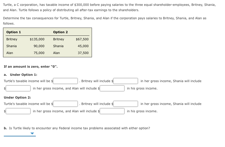 Turtle, a C corporation, has taxable income of $300,000 before paying salaries to the three equal shareholder-employees, Britney, Shania,
and Alan. Turtle follows a policy of distributing all after-tax earnings to the shareholders.
Determine the tax consequences for Turtle, Britney, Shania, and Alan if the corporation pays salaries to Britney, Shania, and Alan as
follows.
Option 1
Britney
Shania
Alan
$135,000
90,000
75,000
Option 2
Britney
Shania
Alan
If an amount is zero, enter "0".
a. Under Option 1:
Turtle's taxable income will be $
$67,500
45,000
37,500
Under Option 2:
Turtle's taxable income will be $
. Britney will include $
in her gross income, and Alan will include $
Britney will include $
in her gross income, and Alan will include $
in her gross income, Shania will include
in his gross income.
in her gross income, Shania will include
in his gross income.
b. Is Turtle likely to encounter any Federal income tax problems associated with either option?