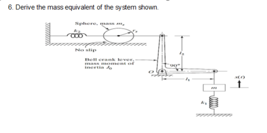 6. Derive the mass equivalent of the system shown.
Sphere, mass m,
k2
m.
No slip
Bell erank lever,-
mass moment of
inertia Jo
'90°
77
