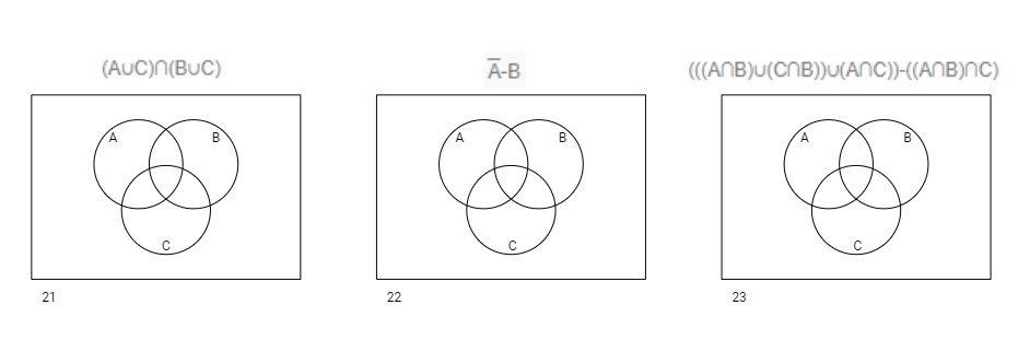 21
(AUC)n(BUC)
B
22
A
A-B
B
(((ANB)U(CNB))u(ANC))-((ANB)NC)
A
23