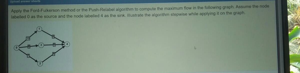 Upload answer sheets
Apply the Ford-Fulkerson method or the Push-Relabel algorithm to compute the maximum flow in the following graph. Assume the node
labelled 0 as the source and the node labelled 4 as the sink. Illustrate the algorithm stepwise while applying it on the graph.
