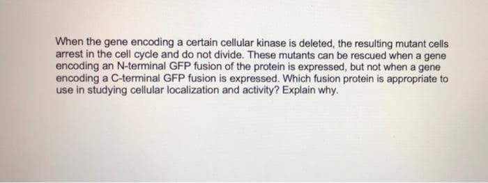 When the gene encoding a certain cellular kinase is deleted, the resulting mutant cells
arrest in the cell cycle and do not divide. These mutants can be rescued when a gene
encoding an N-terminal GFP fusion of the protein is expressed, but not when a gene
encoding a C-terminal GFP fusion is expressed. Which fusion protein is appropriate to
use in studying cellular localization and activity? Explain why.
