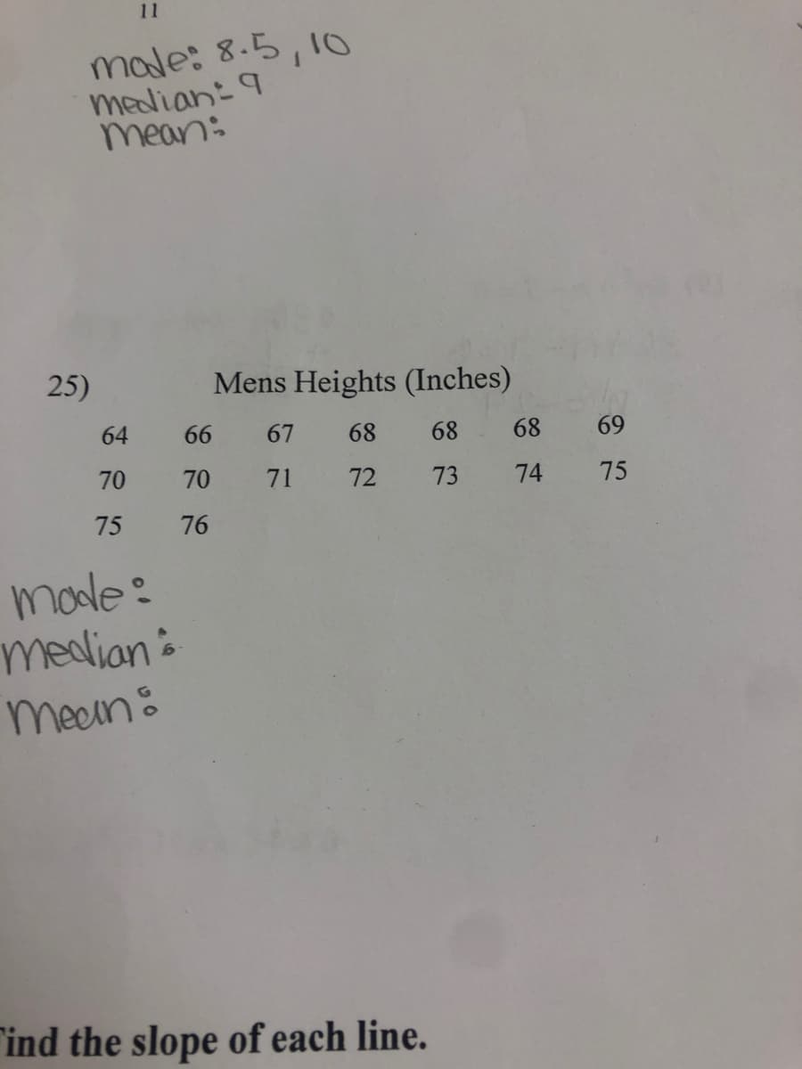 11
mode: 8.5, 10
median: 9
mean:
Mens Heights (Inches)
64
66 67 68 68
68
70
70 71 72 73
74
75
76
mode:
median &
Mean:
ind the slope of each line.
25)
69
75