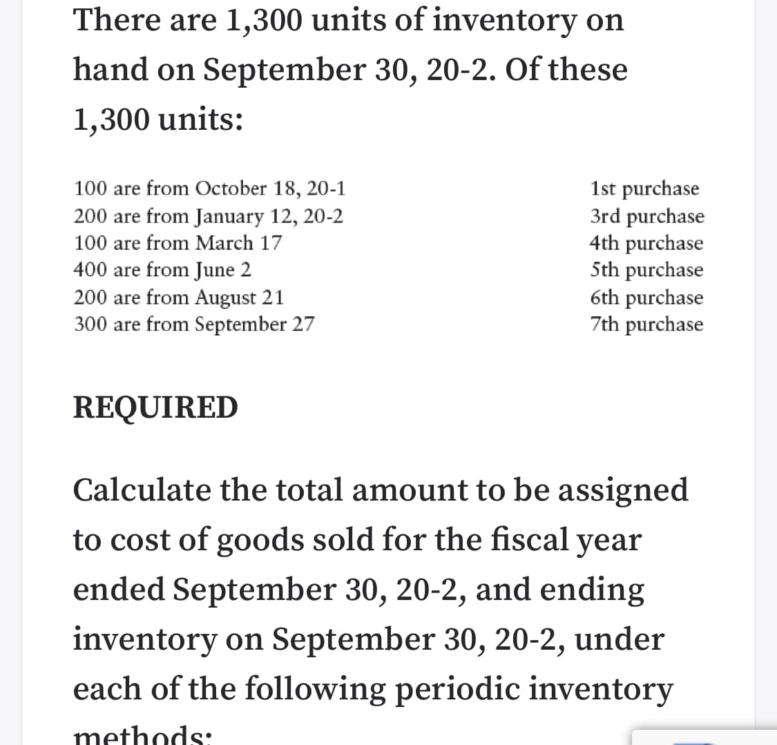 There are 1,300 units of inventory on
hand on September 30, 20-2. Of these
1,300 units:
1st purchase
3rd purchase
4th purchase
5th purchase
6th purchase
7th purchase
100 are from October 18, 20-1
200 are from January 12, 20-2
100 are from March 17
400 are from June 2
200 are from August 21
300 are from September 27
REQUIRED
Calculate the total amount to be assigned
to cost of goods sold for the fiscal year
ended September 30, 20-2, and ending
inventory on September 30, 20-2, under
each of the following periodic inventory
methods:
