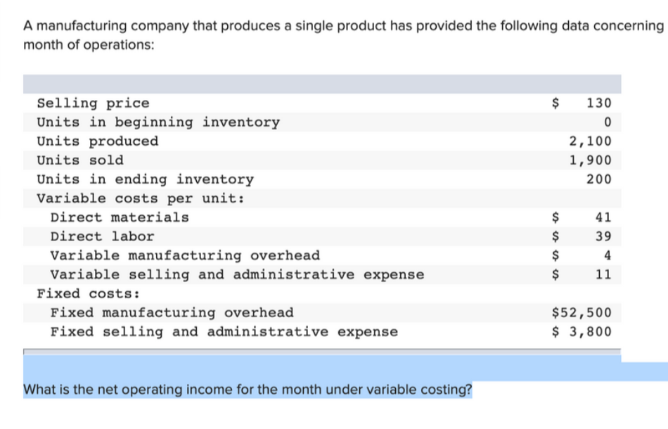 A manufacturing company that produces a single product has provided the following data concerning
month of operations:
Selling price
Units in beginning inventory
Units produced
130
2,100
Units sold
1,900
Units in ending inventory
200
Variable costs per unit:
Direct materials
$
41
Direct labor
$
39
Variable manufacturing overhead
Variable selling and administrative expense
4
$
11
Fixed costs:
Fixed manufacturing overhead
Fixed selling and administrative expense
$52,500
$ 3,800
What is the net operating income for the month under variable costing?
%24
