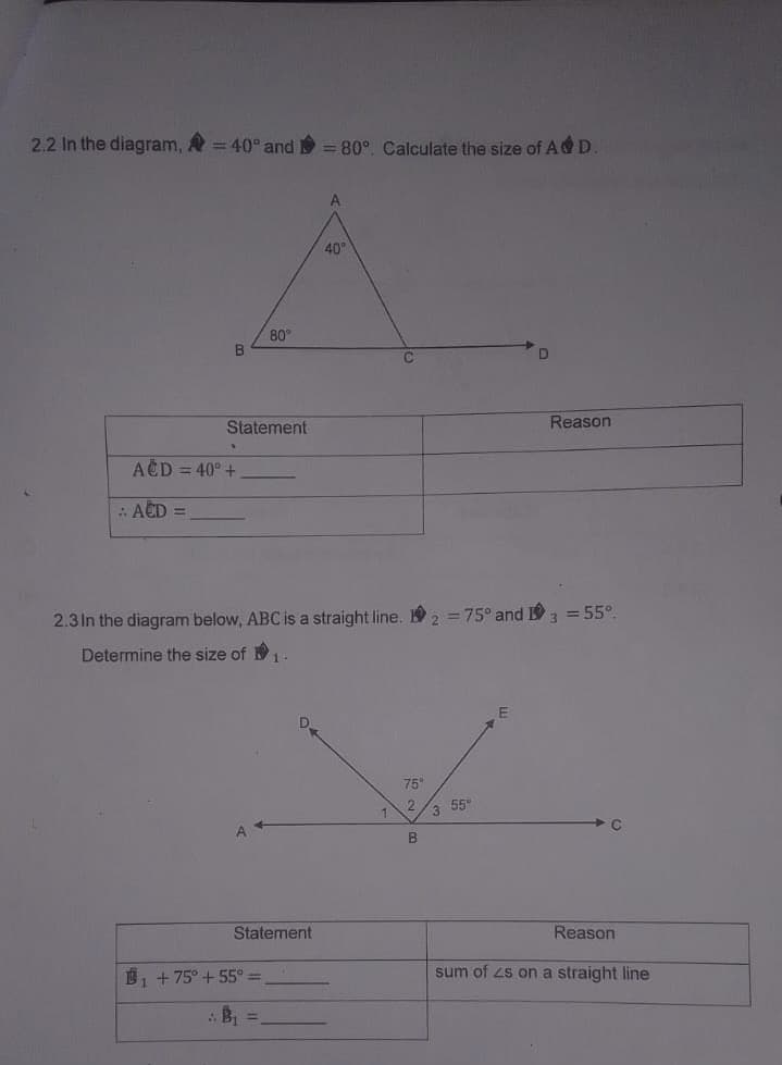 2.2 In the diagram, = 40° and = 80°. Calculate the size of AD.
B
80°
A
40°
Statement
Reason
ACD=40°+
ACD
=
2.3 In the diagram below, ABC is a straight line. 2 = 75° and 3 = 55°
Determine the size of
75°
2
1
A
3
55
B
E
Statement
B1+75°+55°
B₁
=1
Reason
sum of 2s on a straight line