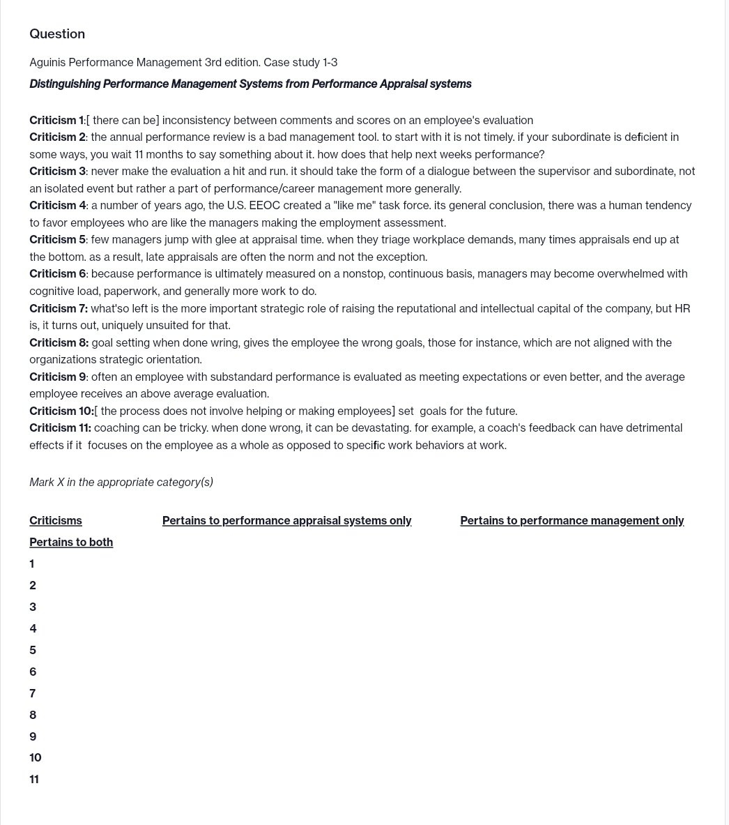 Question
Aguinis Performance Management 3rd edition. Case study 1-3
Distinguishing Performance Management Systems from Performance Appraisal systems
Criticism 1:[ there can be] inconsistency between comments and scores on an employee's evaluation
Criticism 2: the annual performance review is a bad management tool. to start with it is not timely. if your subordinate is deficient in
some ways, you wait 11 months to say something about it. how does that help next weeks performance?
Criticism 3: never make the evaluation a hit and run. it should take the form of a dialogue between the supervisor and subordinate, not
an isolated event but rather a part of performance/career management more generally.
Criticism 4: a number of years ago, the U.S. EEOC created a "like me" task force. its general conclusion, there was a human tendency
to favor employees who are like the managers making the employment assessment.
Criticism 5: few managers jump with glee at appraisal time. when they triage workplace demands, many times appraisals end up at
the bottom. as a result, late appraisals are often the norm and not the exception.
Criticism 6: because performance is ultimately measured on a nonstop, continuous basis, managers may become overwhelmed with
cognitive load, paperwork, and generally more work to do.
Criticism 7: what'so left is the more important strategic role of raising the reputational and intellectual capital of the company, but HR
is, it turns out, uniquely unsuited for that.
Criticism 8: goal setting when done wring, gives the employee the wrong goals, those for instance, which are not aligned with the
organizations strategic orientation.
Criticism 9: often an employee with substandard performance is evaluated as meeting expectations or even better, and the average
employee receives an above average evaluation.
Criticism 10:[ the process does not involve helping or making employees] set goals for the future.
Criticism 11: coaching can be tricky. when done wrong, it can be devastating. for example, a coach's feedback can have detrimental
effects if it focuses on the employee as a whole as opposed to specific work behaviors at work.
Mark X in the appropriate category(s)
Criticisms
Pertains to performance appraisal systems only.
Pertains to performance management only
Pertains to both
3
4
5
6
7
8
10
11
