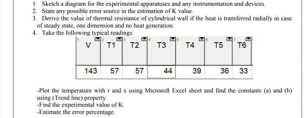 1. Sketch a diagram for the experimental apparatuses and any instrumentation and devices.
2. State any possible error source in the estimation of K value.
3. Derive the value of thermal resistance of cylindrical wall if the heat is transferred radially in case
of steady state, one dimension and no heat generation.
4. Take the following typical readings:
T1
T2
T3
T4
T5
T6
143
44
39
36
33
-Plot the temperature with r and x using Microsoft Excel sheet and find the constants (a) and (b)
using (Trend line) property.
-Find the experimental value of K.
-Estimate the error percentage.
57
57
