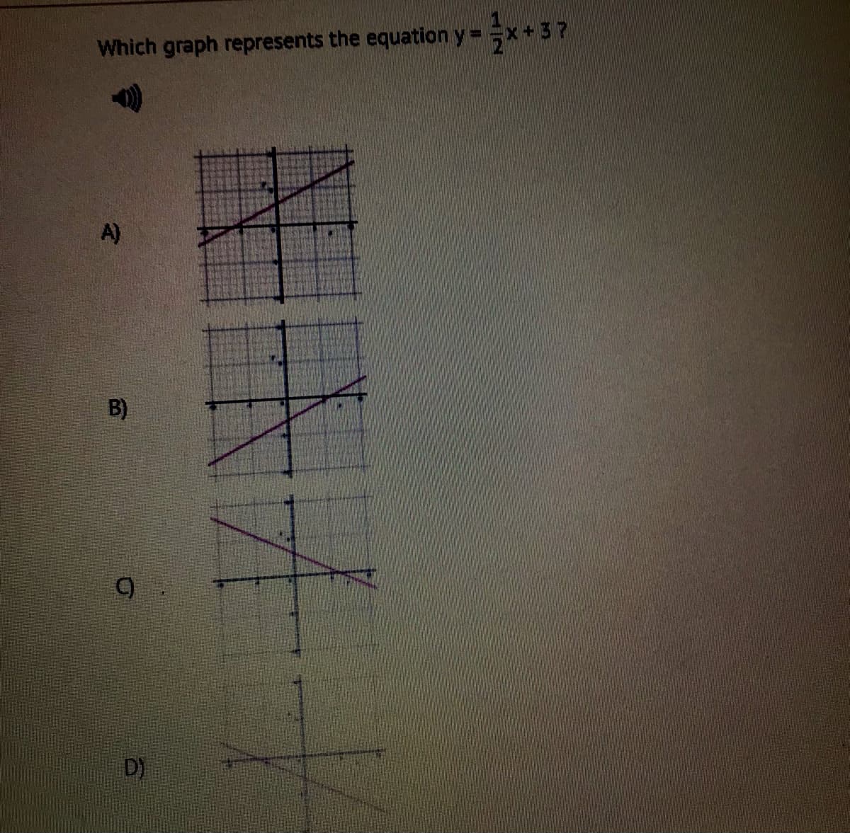 Which graph represents the equation y= x+37
A)
B)
C)
D)
