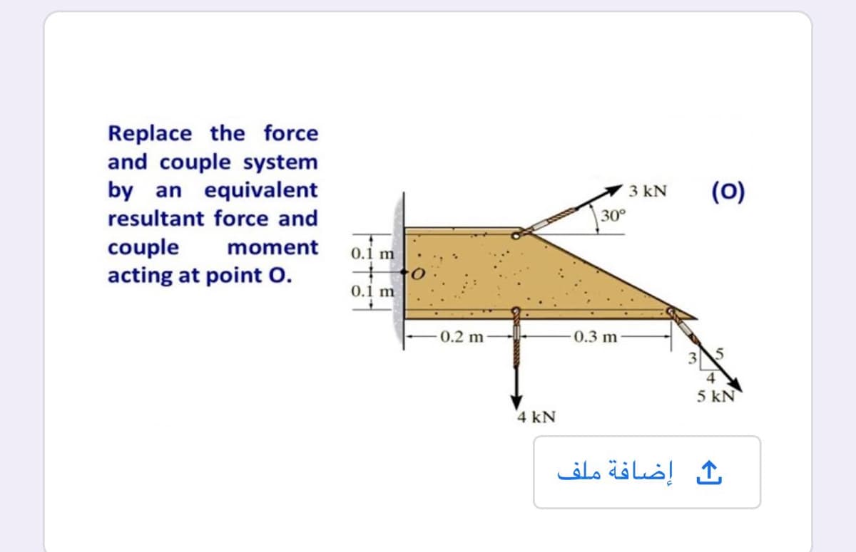 Replace the force
and couple system
by an equivalent
(0)
3 kN
resultant force and
30°
couple
acting at point 0.
moment
0.1 m
0.1 m
0.2 m
0.3 m
3
4
5 kN
4 kN
إضافة ملف
