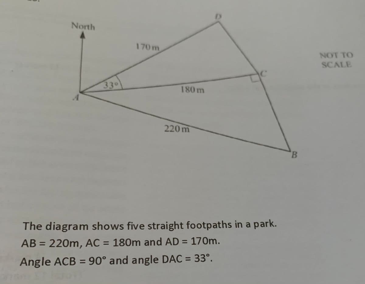 North
170 m
NOT TO
SCALE
330
180 m
220 m
B.
The diagram shows five straight footpaths in a park.
AB = 220m, AC = 180m and AD = 170m.
%3D
%3D
%3D
%3D
Angle ACB = 90° and angle DAC = 33°.
%3D
