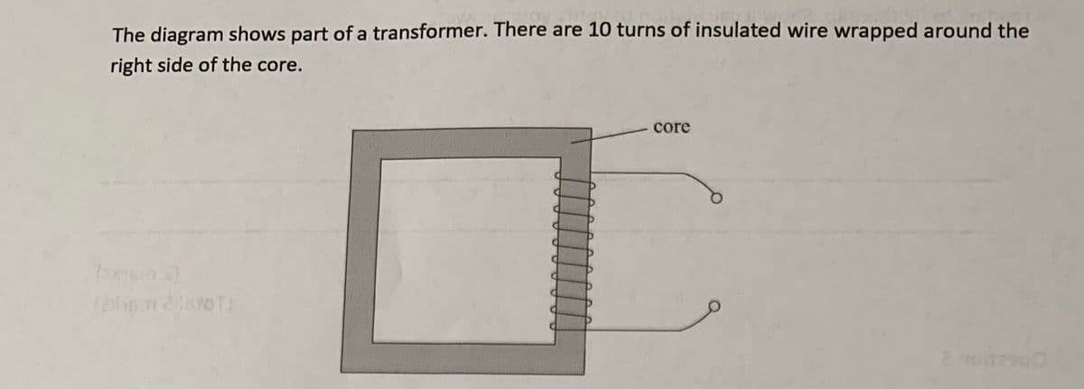 The diagram shows part of a transformer. There are 10 turns of insulated wire wrapped around the
right side of the core.
core
