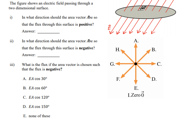 The figure shows an electric field passing through a
two dimensional surface.
G0
i)
In what direction should the area vector Abe so
that the flux through this surface is positive?
Answer:
ii)
In what direction should the area vector Abe so
А.
that the flux through this surface is negative?
H.
Answer:
iii)
What is the flux if the area vector is chosen such
G.
С.
that the flux is negative?
A. EA cos 30°
F.
'D.
В. ЕА сos 60°
E.
I.Zero 0
C. EA cos 120°
D. EA cos 150°
E. none of these
B.
