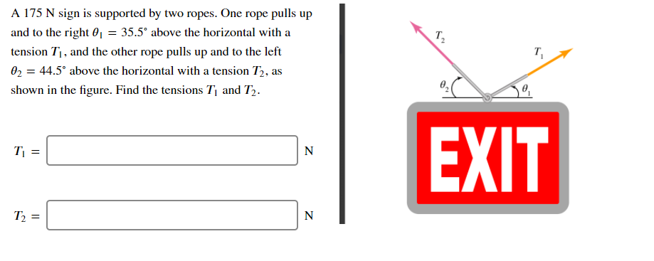 A 175 N sign is supported by two ropes. One rope pulls up
and to the right 0 = 35.5° above the horizontal with a
T
tension T1, and the other rope pulls up and to the left
T,
02 = 44.5° above the horizontal with a tension T2, as
shown in the figure. Find the tensions T¡ and T2.
EXIT
T =
N
T2 =
N
