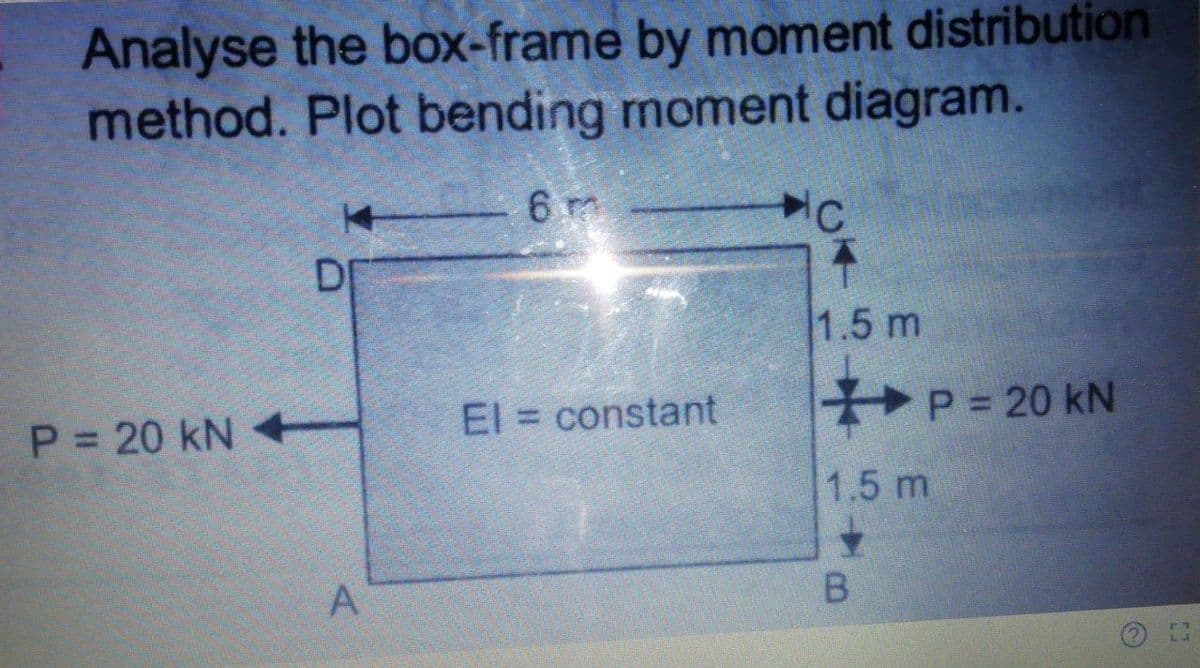 Analyse the box-frame by moment distribution
method. Plot bending moment diagram.
6 m
DI
1.5 m
P 20 kN +T
El = constant
P= 20 kN
1.5 m
B.
