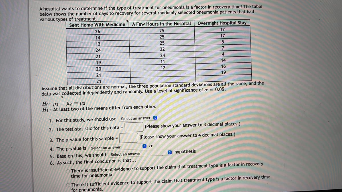 A hospital wants to determine if the type of treatment for pneumonia is a factor in recovery time? The table
below shows the number of days to recovery for several randomly selected pneumonia patients that had
various types of treatment.
Sent Home With Medicine
A Few Hours in the Hospital
Overnight Hospital Stay
26
25
17
14
25
17
13
25
24
22
7
24
4
21
11
14
19
16
20
12
19
21
21
Assume that all distributions are normal, the three population standard deviations are all the same, and the
data was collected independently and randomly. Use a level of significance of a = 0.05.
Ho: µi = µ2 = µ3
H1: At least two of the means differ from each other.
1. For this study, we should use Select an answer e
(Please show your answer to 3 decimal places.)
2. The test-statistic for this data =
(Please show your answer to 4 decimal places.)
3. The p-value for this sample =
a
4. The p-value is Select an answer
O hypothesis
5. Base on this, we should Select an answer
6. As such, the final conclusion is that...
O There is insufficient evidence to support the claim that treatment type is a factor in recovery
time for pneumonia.
There is sufficient evidence to support the claim that treatment type is a factor in recovery time
for pneumonia.
