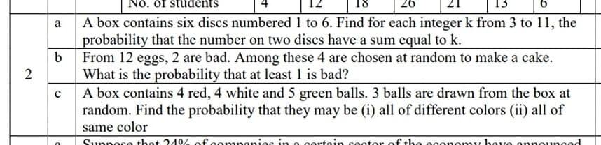 A box contains six discs numbered 1 to 6. Find for each integer k from 3 to 11, the
probability that the number on two discs have a sum equal to k.
a
