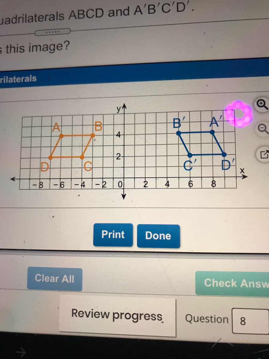 uadrilaterals ABCD and A'B'C'D'.
....
s this image?
rilaterals
A'
4-
2-
-6-4-2 0
4
- 8
Print
Done
Clear All
Check Answ
Review progress.
Question 8
CD
