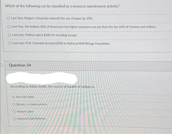 Which of the following can be classified as a resource maintenance activity?
O Last Year, Rutgers University reduced the use of paper by 10%.
O Last Year, the bottom 10% of Americans has higher emissions out put than the top 10% of Chinese and Indians.
O Last year, Melissa spent $10K for traveling Europe.
O Last year, Prof. Cakmakli donated $500 to National Wild Refuge Foundation.
Question 34
According to Adam Smith, the source of wealth of nations is
O Rich Oil Fields
O Bitcoin, a cryptocurrency
O Human Labor
O National Gold Reserves
