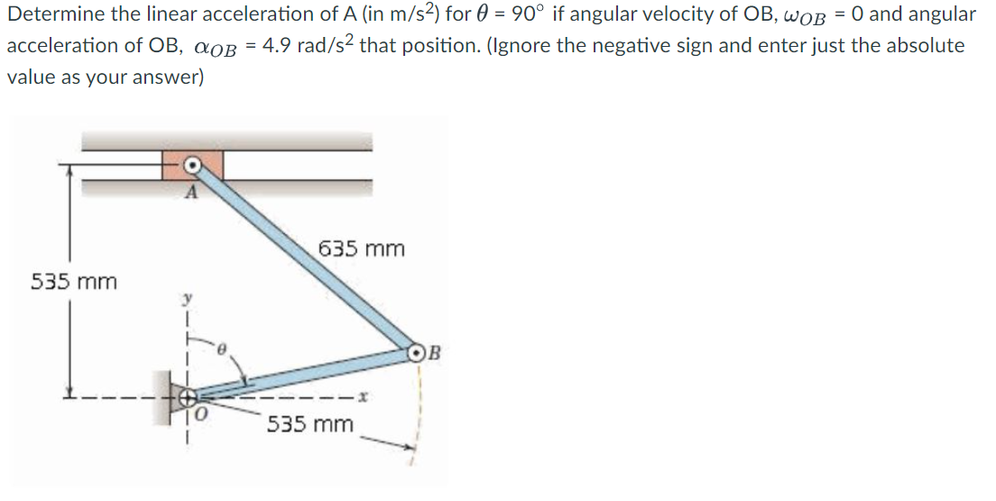 Determine the linear acceleration of A (in m/s2) for = 90° if angular velocity of OB, WOB = 0 and angular
acceleration of OB, αoß = 4.9 rad/s² that position. (Ignore the negative sign and enter just the absolute
value as your answer)
535 mm
635 mm
535 mm
OB